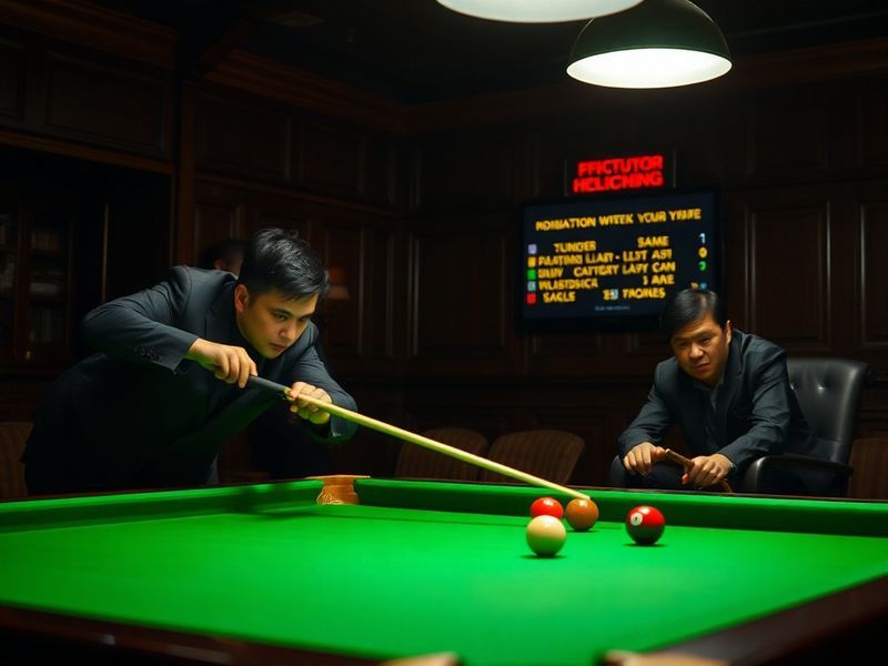 A split-screen image showing Mark Selby in deep concentration over a snooker table on the left, and Wu Yize executing a preci