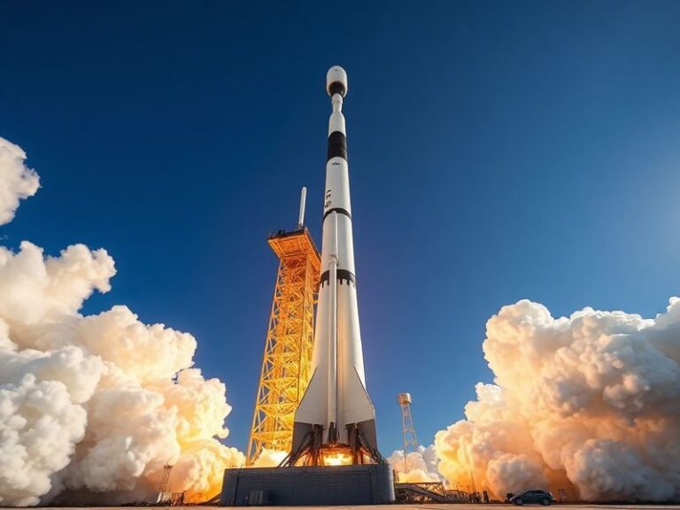 Falcon Heavy rocket launching from Kennedy Space Center, flames and exhaust visible, with two side boosters separating, again