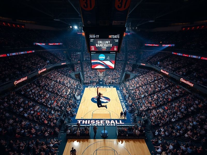 A dynamic action shot of a college basketball game with diverse international players in mid-play, set in a packed arena unde