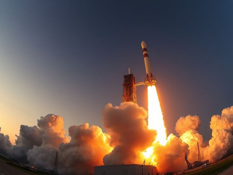 A dramatic image of the Falcon Heavy rocket lifting off from Kennedy Space Center's Launch Complex 39A, with two side booster