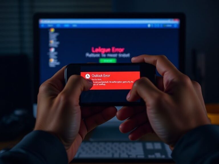 A split-screen image showing a frustrated user staring at an Outlook error message on one side and a Microsoft service status