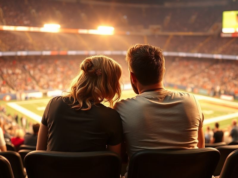 A vibrant concert scene with Taylor Swift performing on stage under colorful lights, while Travis Kelce watches from the audi