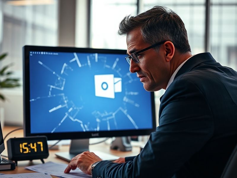A split-screen image showing a frustrated office worker staring at a loading screen on their laptop, with a secondary panel d