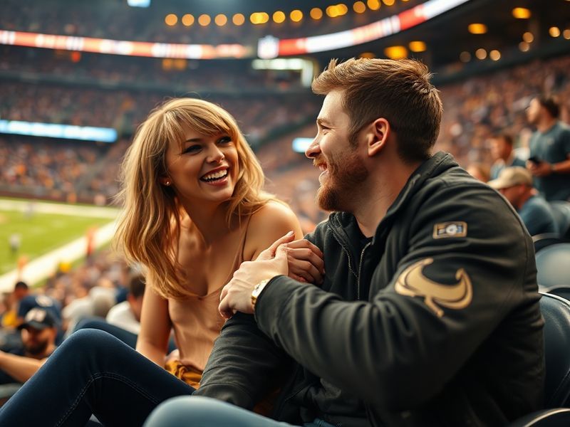 A split-image composition showing Taylor Swift performing on stage at one of her Eras Tour concerts on the left, with Travis