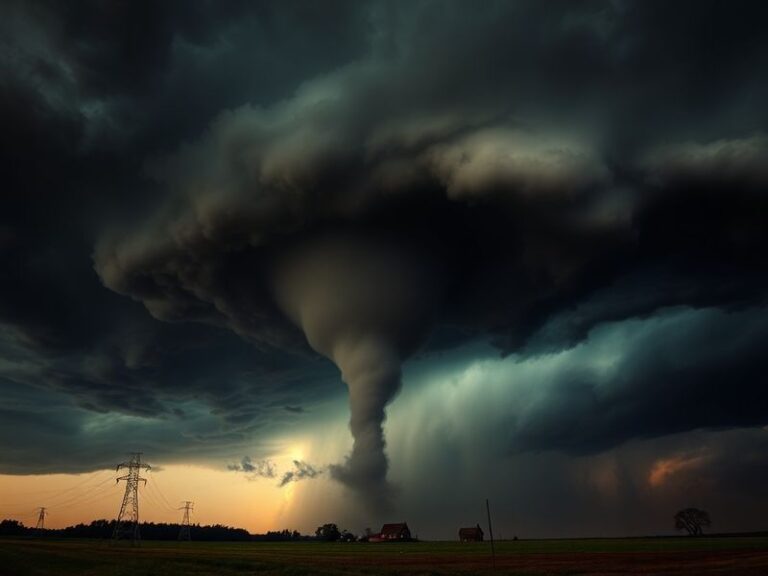 A dramatic scene of a large, wedge-shaped tornado approaching a rural community during golden hour, with dark storm clouds sw