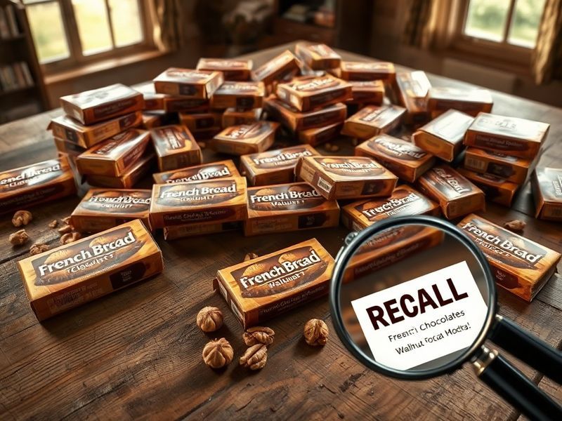 A close-up of French Broad Chocolates’ walnut-infused chocolate bar next to a magnifying glass highlighting a lot number, set