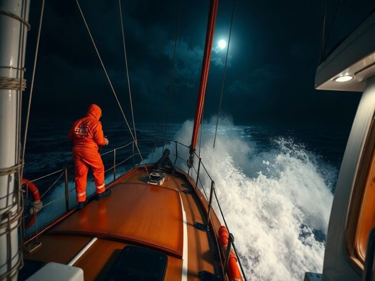 A dramatic nighttime scene showing a large cruise ship on stormy seas with rescue boats and a cargo vessel searching the wate