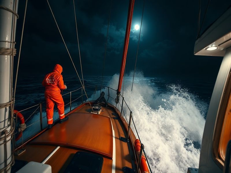 A dramatic nighttime scene showing a large cruise ship on stormy seas with rescue boats and a cargo vessel searching the wate