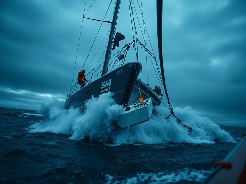 A dramatic aerial shot of a cruise ship in open waters, with a small rescue boat scanning the surface for signs of the missin