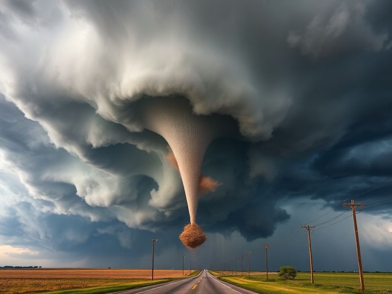 A dramatic scene of a large, wedge-shaped tornado approaching a rural town at dusk, with dark storm clouds swirling above. In