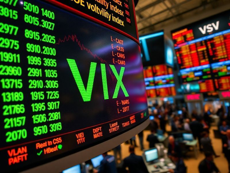 A digital stock market ticker displaying the VIX index in bold red and green numbers against a dark background, with abstract