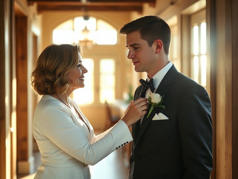 A warm, candid photo of Drake Gaines in a tuxedo adjusting his bow tie, with Chip Gaines placing a supportive hand on his sho