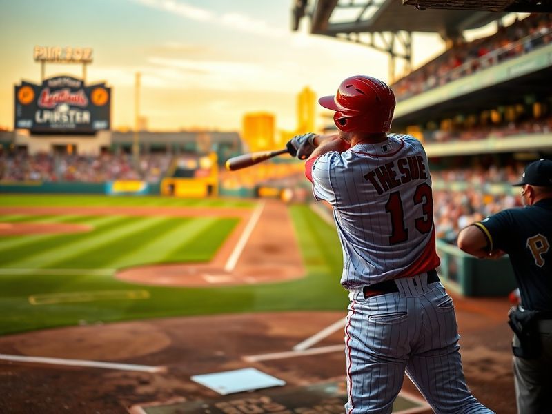 A vibrant baseball stadium scene at sunset, showing Cardinals and Pirates players on the field with fans in red and black jer