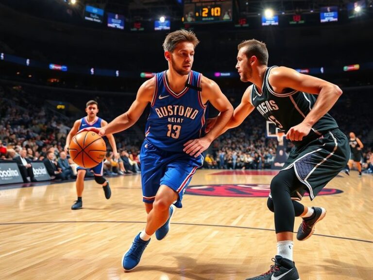 Luka Dončić in a Mavericks jersey mid-game, dribbling past a defender with the American Airlines Center crowd blurred in the