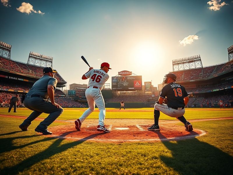 A classic baseball scene featuring two teams in vintage uniforms facing off on a sunny afternoon, with Busch Stadium and PNC
