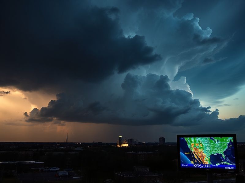 A split-screen image showing a KY3 Weather meteorologist in the station's weather center on one side, and a dramatic stormy s