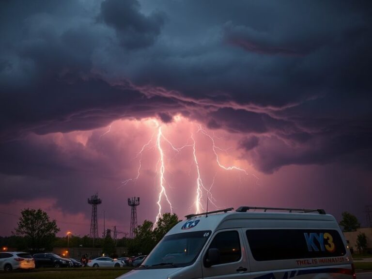A meteorologist at KY3 stands in front of a green screen displaying a live radar map of the Ozarks, with storm tracks and cou