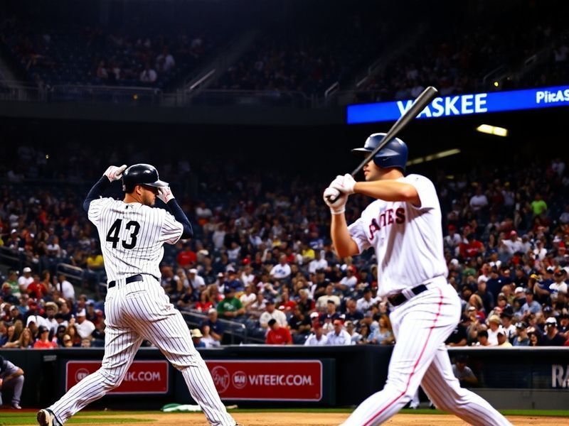A dynamic shot of a Yankees vs Rangers game in progress, featuring Gerrit Cole on the mound and Adolis García at bat, with fa