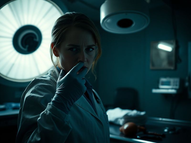 A moody, cinematic shot of Kate Bosworth as Dr. Kay Scarpetta standing in a dimly lit forensic lab, surrounded by scientific