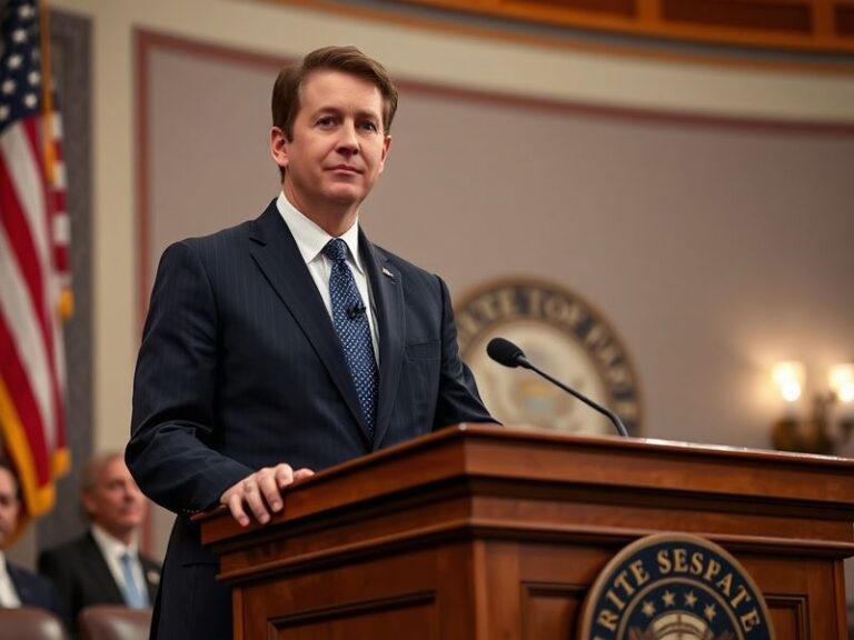 A portrait of Senator Ben Sasse in a suit, standing in front of the U.S. Capitol building during the golden hour, with a thou