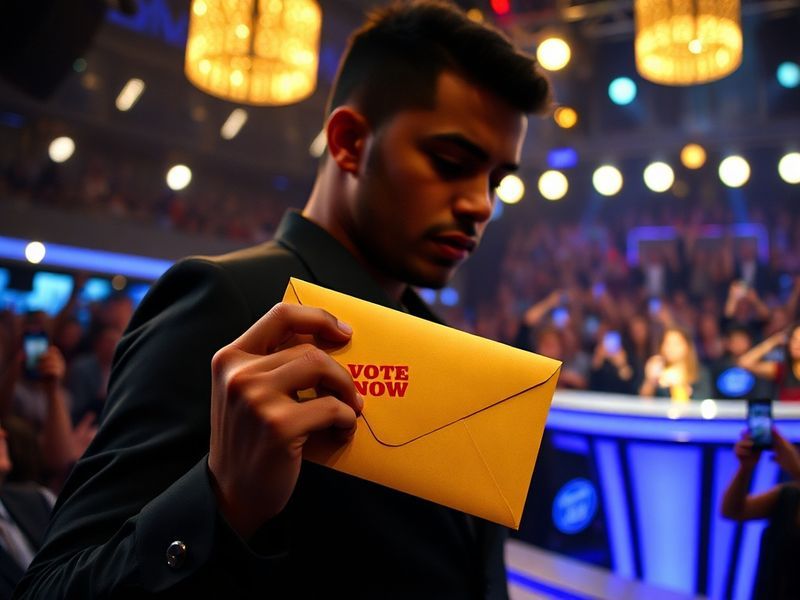 A split-screen image showing a contestant performing on stage with a live audience, juxtaposed with a close-up of a phone scr