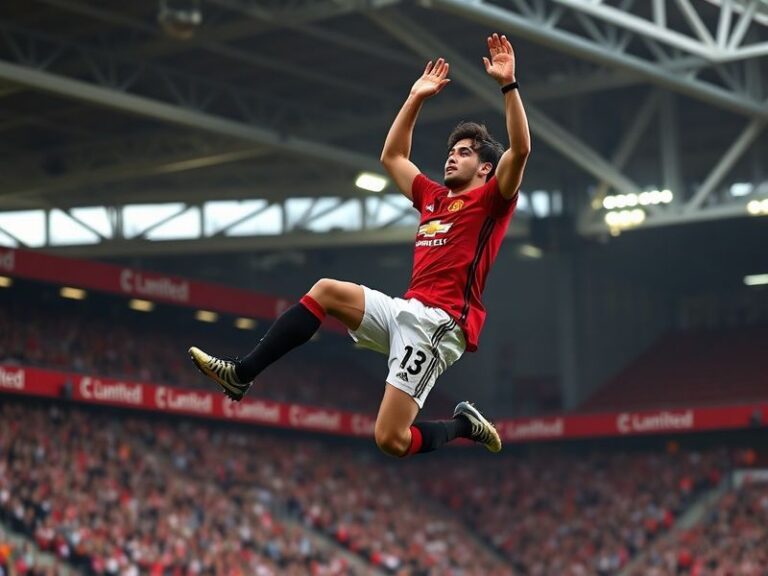 A dynamic image of a Manchester United player wearing the home kit at Old Trafford, with the crowd in the background, capturi