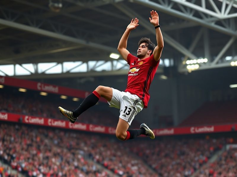 A dynamic image of a Manchester United player wearing the home kit at Old Trafford, with the crowd in the background, capturi