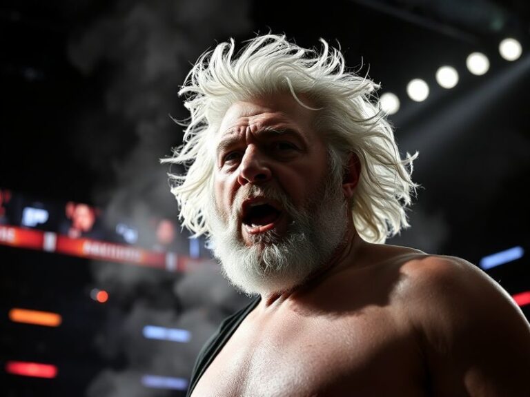 A dynamic action shot of Scott Steiner in his prime, wearing his signature long hair and goatee, mid-motion delivering a powe