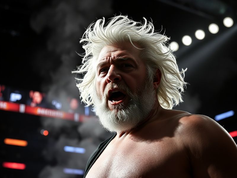 A dynamic action shot of Scott Steiner in his prime, wearing his signature long hair and goatee, mid-motion delivering a powe