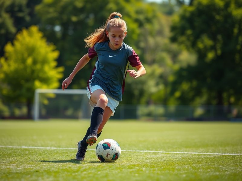 A focused female journalist in a press box taking notes during a baseball game, with players visible on the field in the back