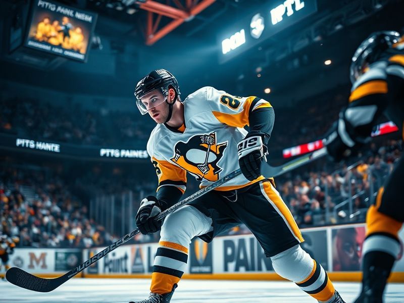 A dynamic action shot of Kris Letang in a Penguins jersey, skating with intensity during a game, the background showing a pac