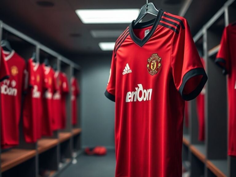 A side-by-side comparison of vintage and modern Manchester United football shirts displayed on mannequins in a museum-like se