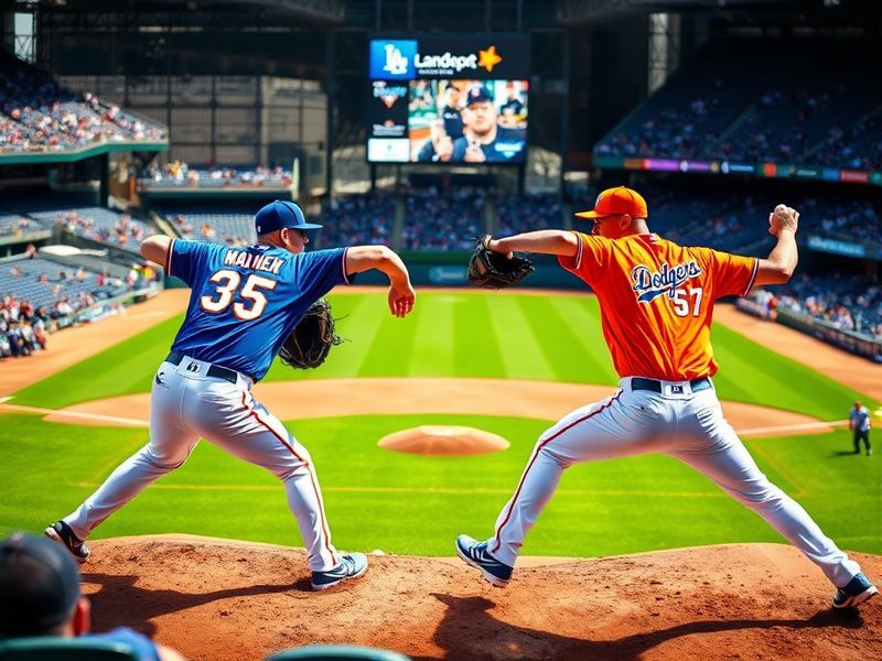 A tense moment at home plate during the Marlins vs Dodgers series, featuring a Marlins pitcher in mid-delivery, a Dodgers bat