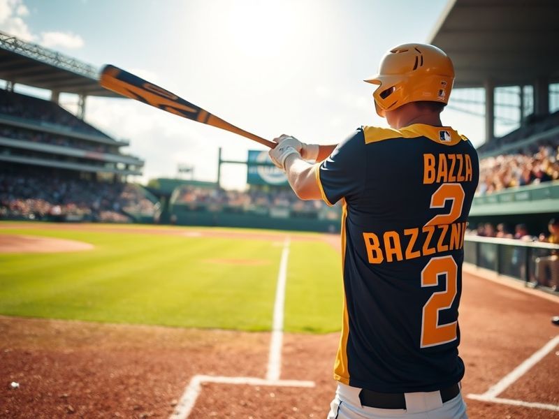 A dynamic action shot of Travis Bazzana mid-shot, wearing the NSW cricket uniform, with a stadium blurred in the background,