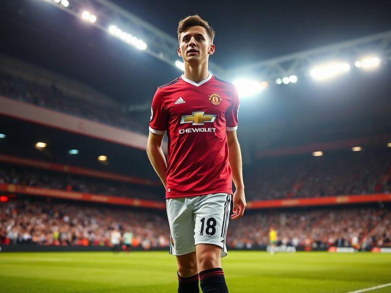 A dynamic photo of a Manchester United player in a classic red home kit, with Old Trafford stadium blurred in the background,