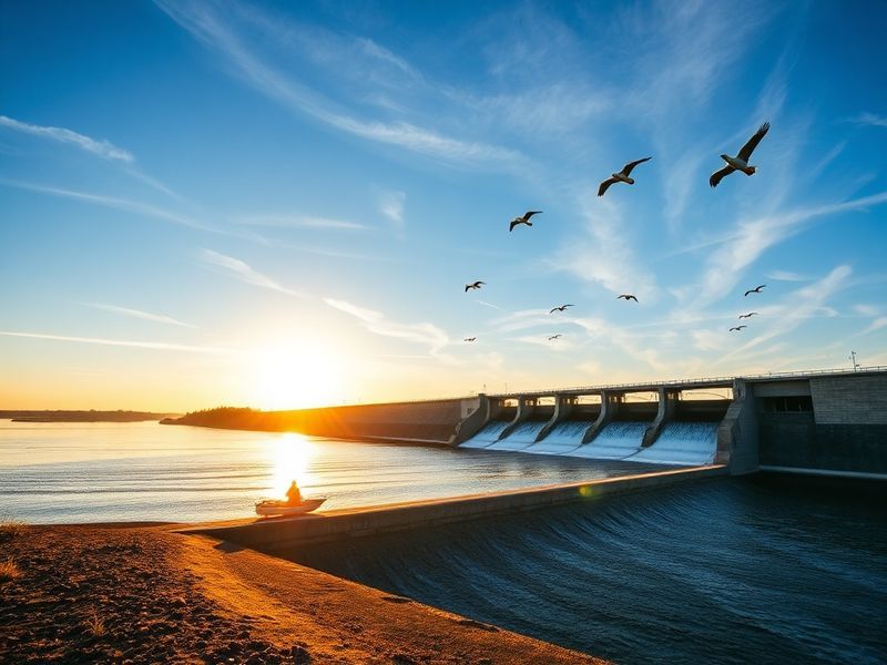 Aerial view of Carlyle Lake with the town of Carlyle visible in the background, featuring the Clinton County Courthouse and s