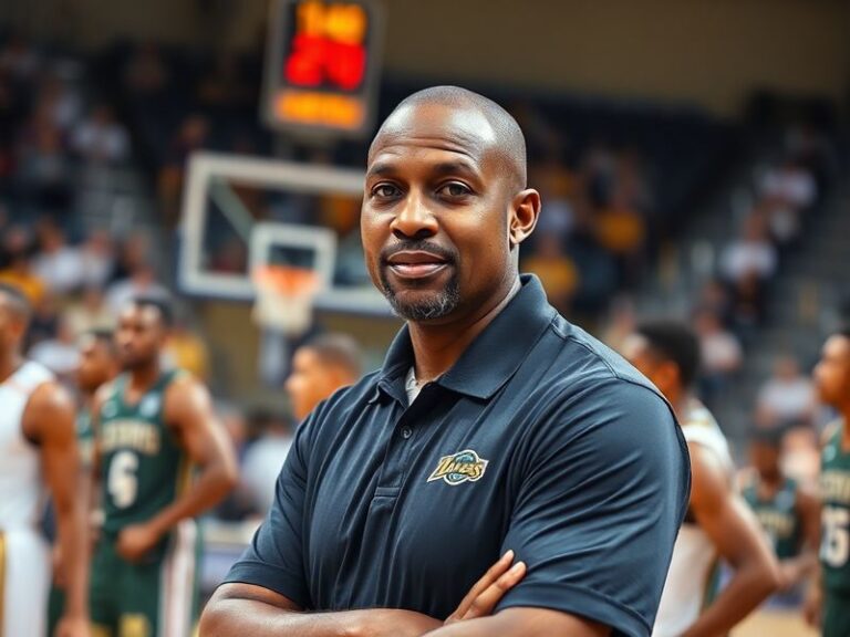 A professional headshot of Jamahl Mosley in a dark suit, standing courtside during an Orlando Magic practice. The background