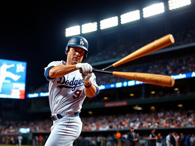 A dynamic action shot of Joc Pederson mid-swing during a game, wearing a Braves uniform, with a focused expression and the st