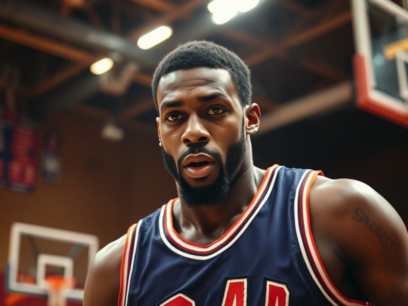 A dynamic action shot of Jamal Cain in a Marquette basketball uniform, mid-jump during a game, with blurred defenders in the