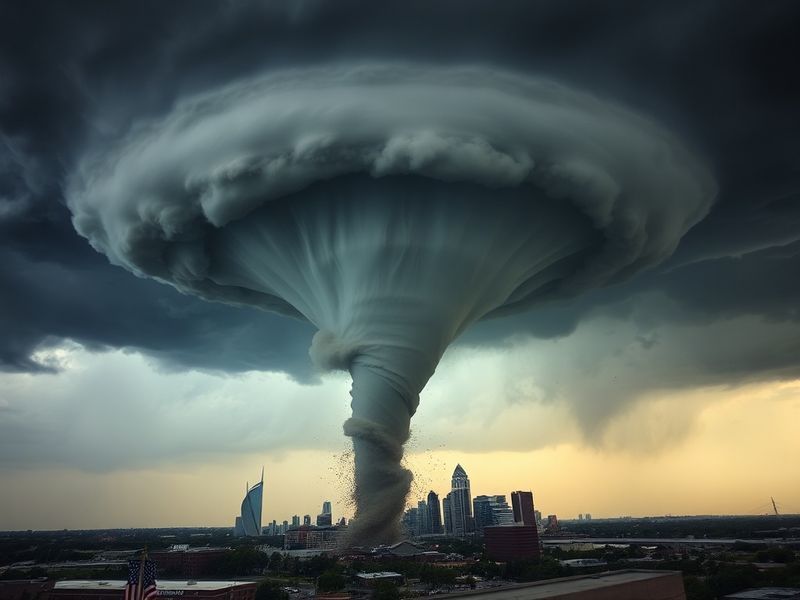 Aerial view of a residential neighborhood in Indianapolis showing damaged roofs, downed trees, and debris scattered across st