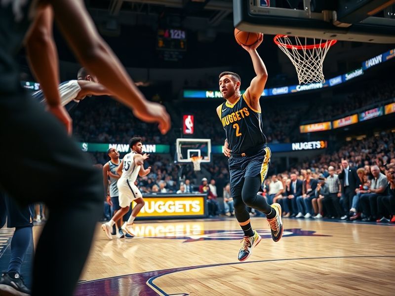 A dynamic shot of Nikola Jokić and Jamal Murray on the court, mid-play, with Jokić dribbling and Murray cutting to the basket