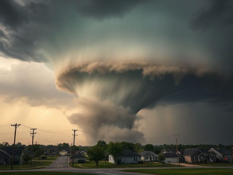 Aerial view of a tornado’s path through Indianapolis, showing damaged buildings, uprooted trees, and emergency vehicles on th