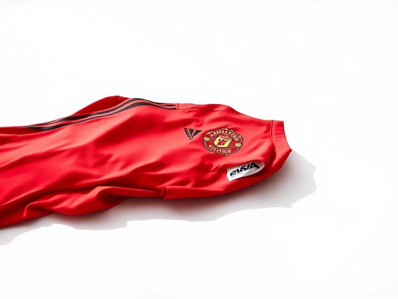 A vibrant display of Manchester United football shirts in classic and modern designs, hanging in a stadium shop with Old Traf