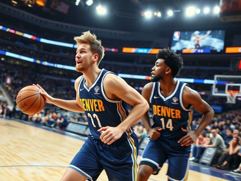 A vibrant scene inside Ball Arena during a Nuggets game, with the team on the court, international fans in the stands, and Jo