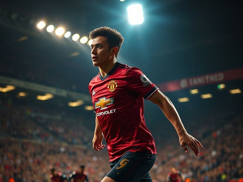 A dynamic image of a Manchester United player wearing the home kit at Old Trafford, surrounded by cheering fans in replica sh