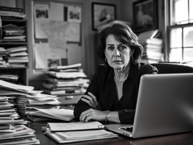 A professional portrait of Jodi Kantor in a newsroom setting, holding a notebook and pen, with a serious but determined expre