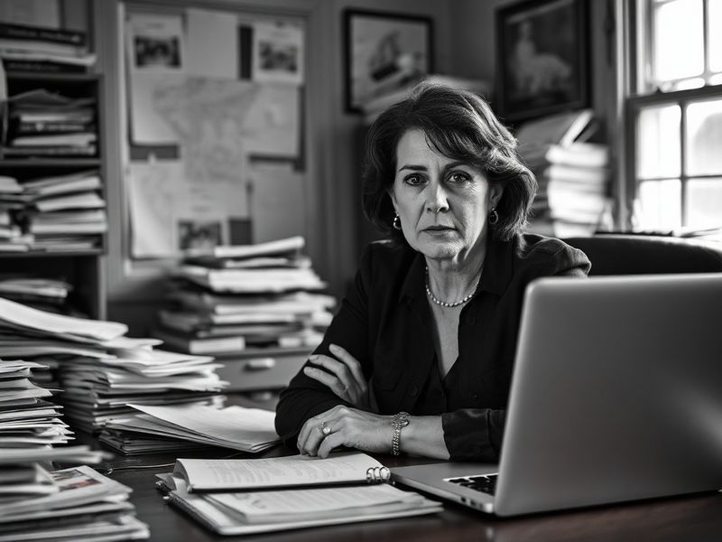 A professional portrait of Jodi Kantor in a newsroom setting, holding a notebook and pen, with a serious but determined expre