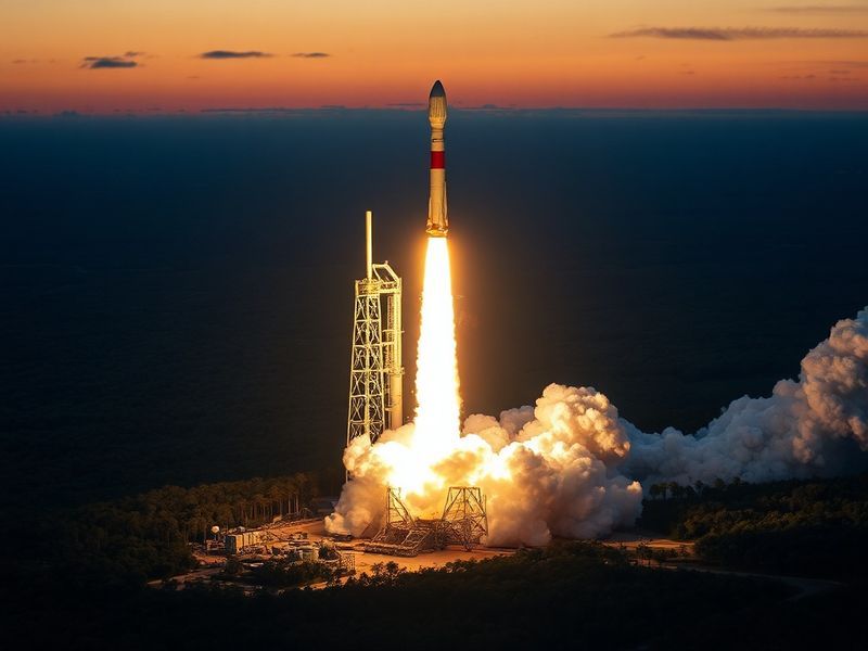 A nighttime Atlas V rocket launch at Cape Canaveral, lifting off against a dark sky with visible exhaust plumes and a glowing