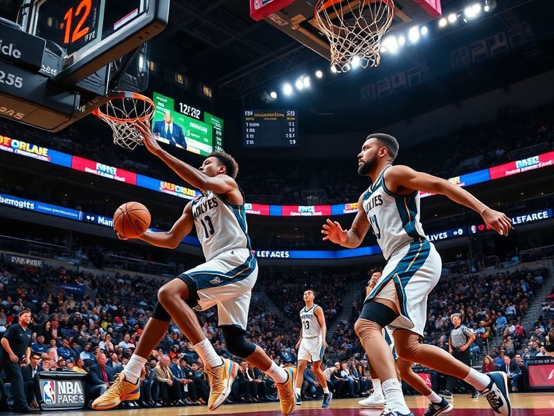 A dynamic NBA action shot featuring Anthony Edwards of the Timberwolves and Nikola Jokić of the Nuggets mid-game, with the Ta