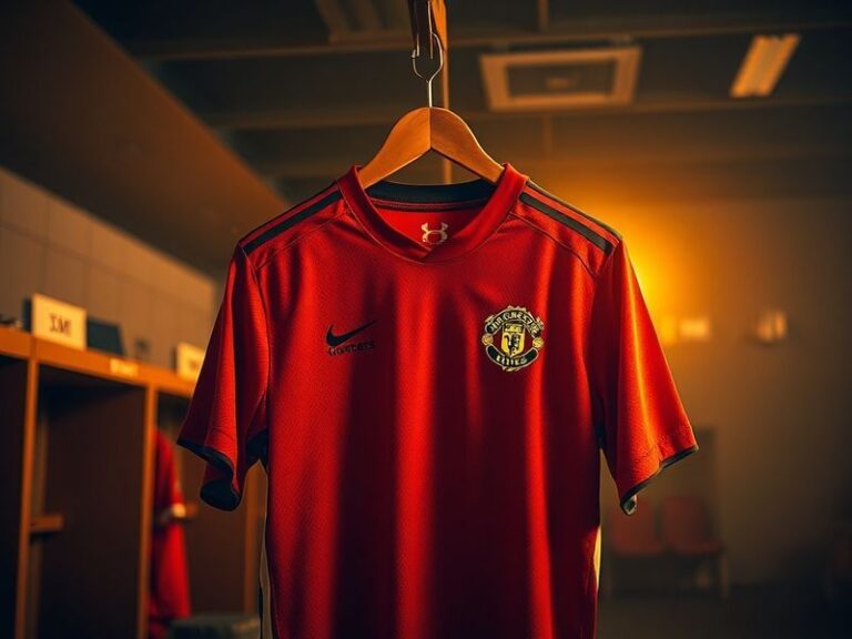 A dynamic photo of a Manchester United player wearing the classic red and white striped home kit, standing on the pitch at Ol